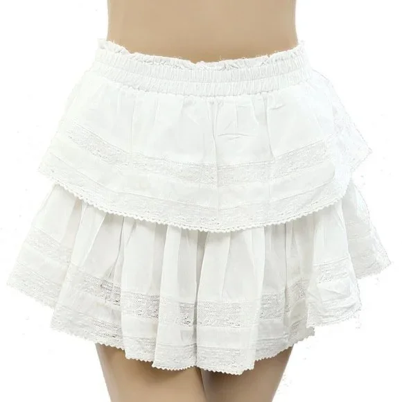 Loveshackfancy Ruffle Mini Skirt Lace Antique White Cotton Tiered Beach M - Picture 5 of 7